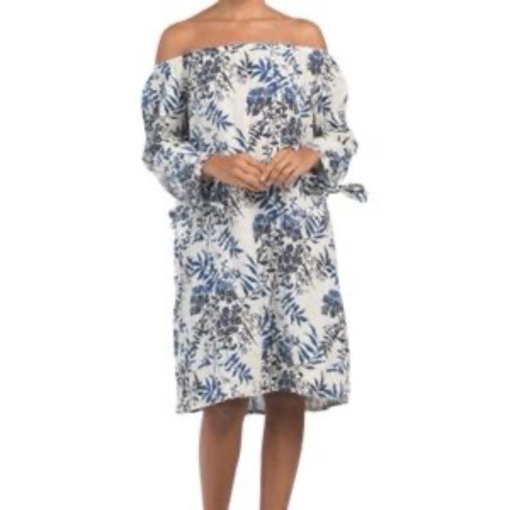 Valentina Naldi Linen Off The Shoulder White And Blue Floral Dress - Size M